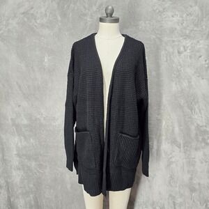 Zenana Women 2X Black Waffle Knit Cardigan Sweater Pockets Long Sleeve Soft Cozy